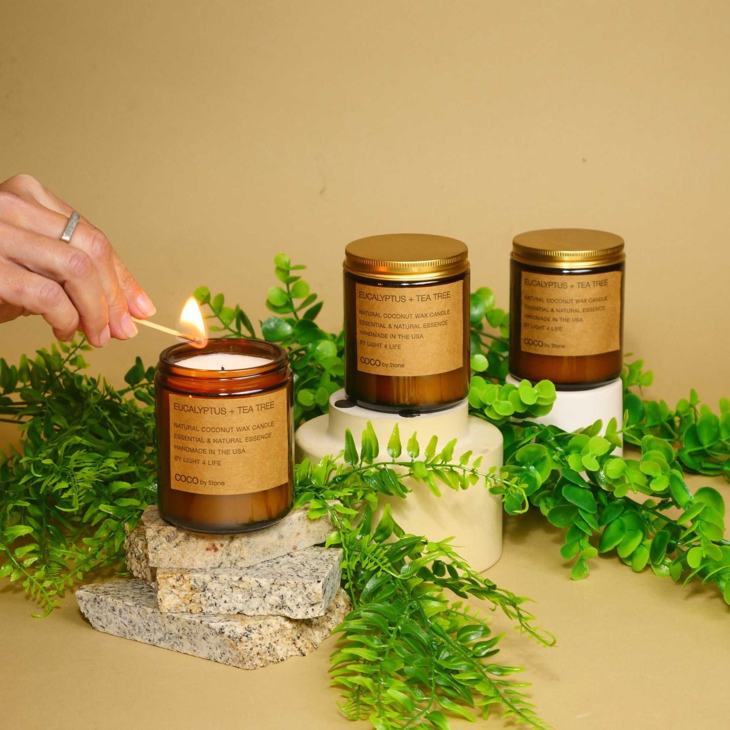 COCO Self Care - Candles 7.2oz Eucalyptus + Tea Tree Natural Coconut Apricot Wax Candle CN7EUC 27 $ Shop All Stone Candles Stew's Incense