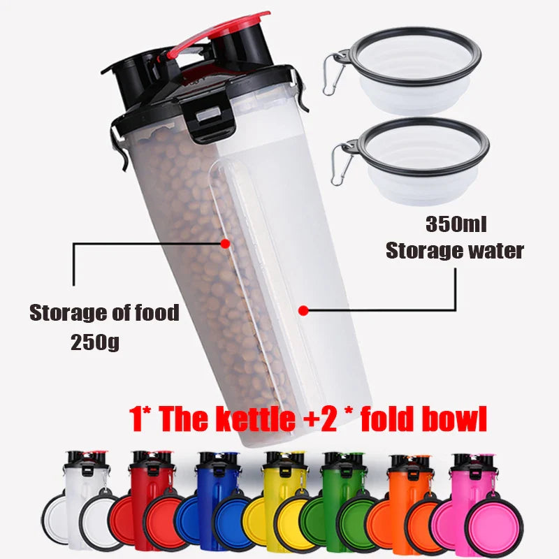 2 in 1 Portable Pet Water Food Container with Folding Silicone Dog Bowls Outdoor Travel Cat Dog Supplies Feeder Cup Water Bottle