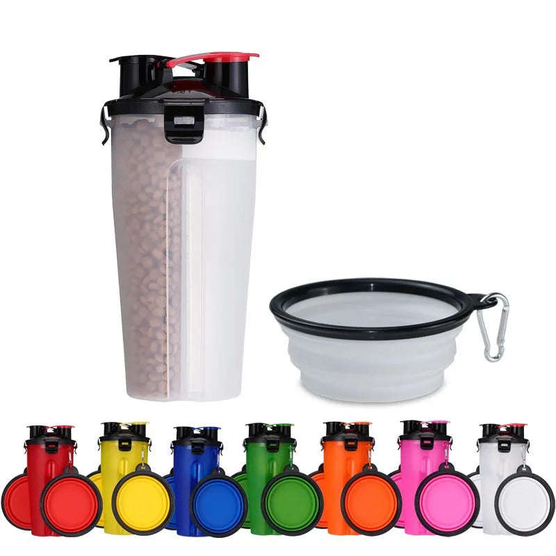 2 in 1 Portable Pet Water Food Container with Folding Silicone Dog Bowls Outdoor Travel Cat Dog Supplies Feeder Cup Water Bottle