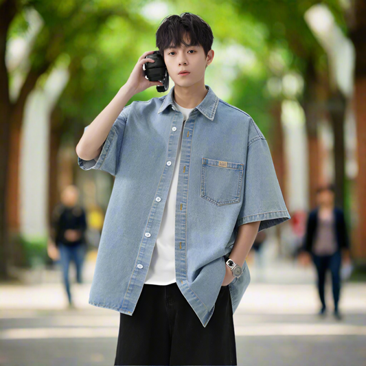 Men Shirts Men 's Over Size Washed Denim Short Sleeve Shirt ONFYMS250806D3E5-BLU-M 46 $ Coats Onetify Stew's Incense