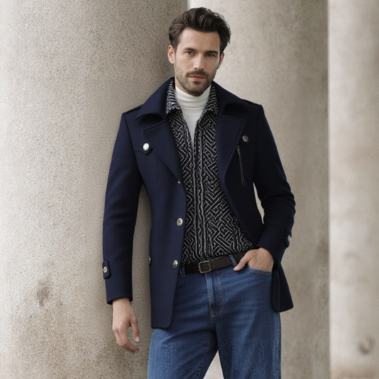 Men Coats Mens Layered Collar Button Front Mid Length Coat OPMC1020C3-NVY-S 146 $ Coats Onetify Stew's Incense