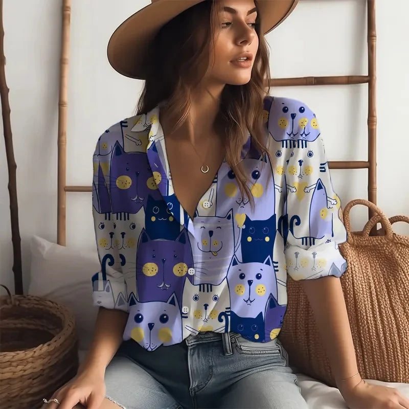 2025 new women's shirts many cats 3D digital printing four-sided stretch fabric fashion trend women's tops shirts