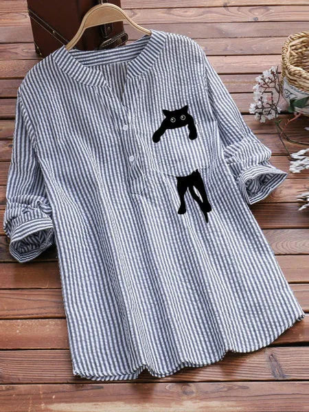 2025 Summer Womens New Arrival Buttons Blouse Tops Solid Color Cute Cat Print Blouses Casual Loose Long Sleeve Shirt Streetwear