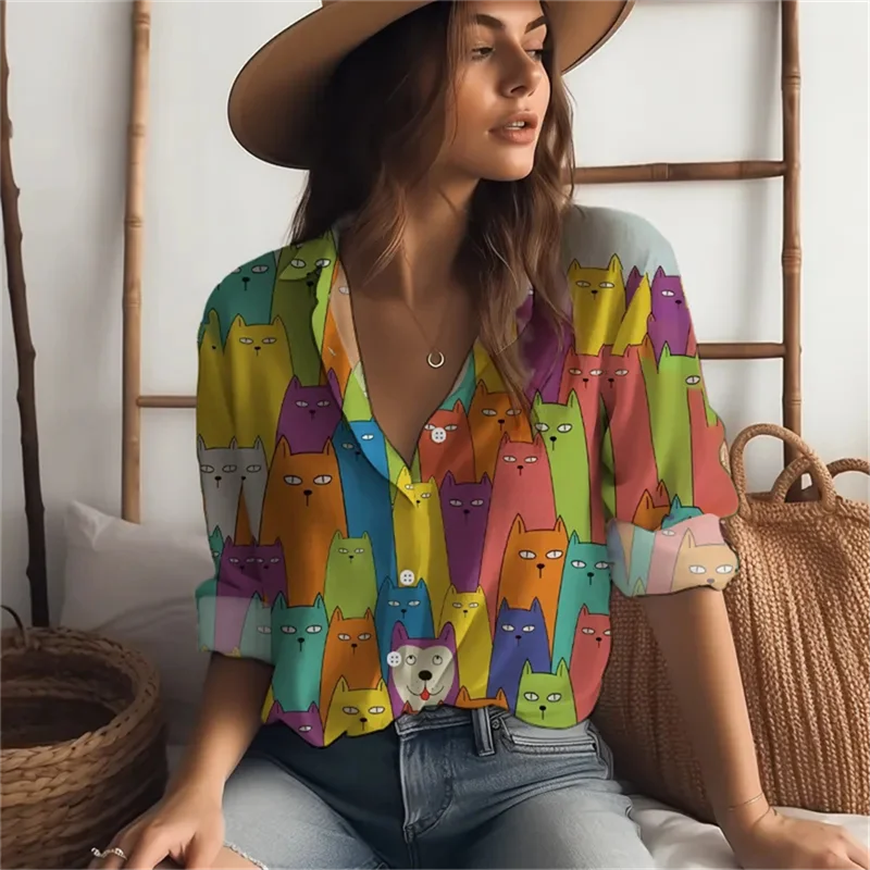 2025 new women's shirts many cats 3D digital printing four-sided stretch fabric fashion trend women's tops shirts