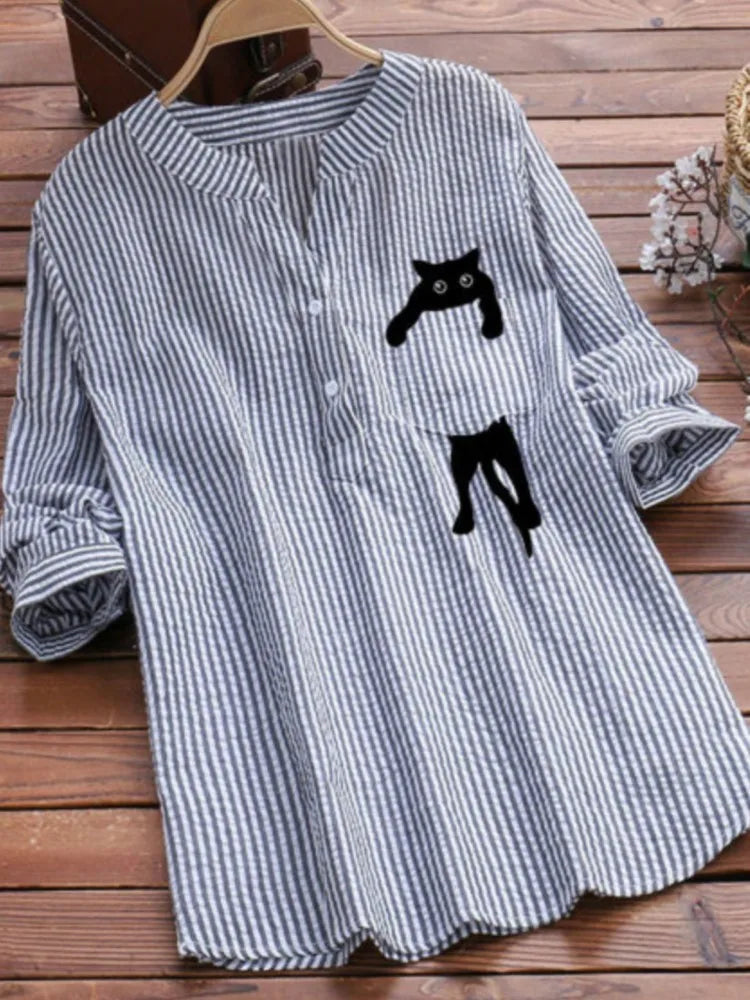 2025 Summer Womens New Arrival Buttons Blouse Tops Solid Color Cute Cat Print Blouses Casual Loose Long Sleeve Shirt Streetwear