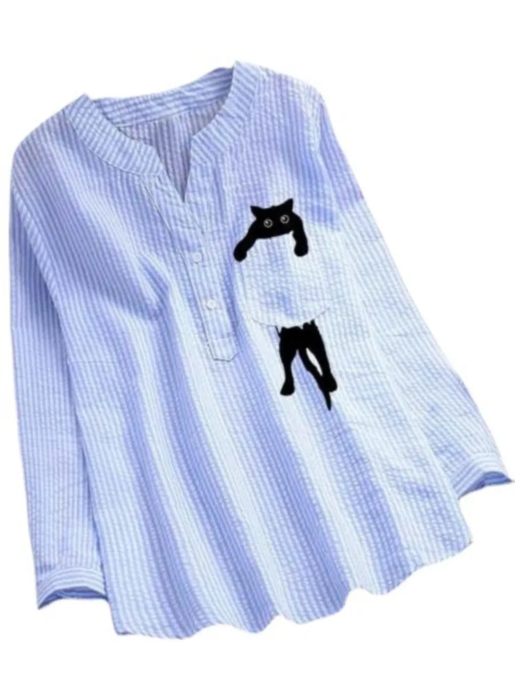 2025 Summer Womens New Arrival Buttons Blouse Tops Solid Color Cute Cat Print Blouses Casual Loose Long Sleeve Shirt Streetwear