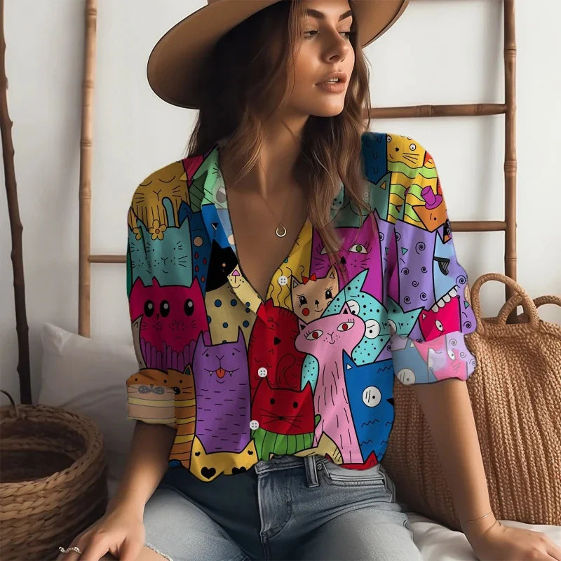 2025 new women's shirts many cats 3D digital printing four-sided stretch fabric fashion trend women's tops shirts