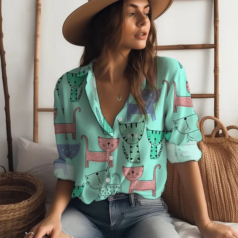 2025 new women's shirts many cats 3D digital printing four-sided stretch fabric fashion trend women's tops shirts