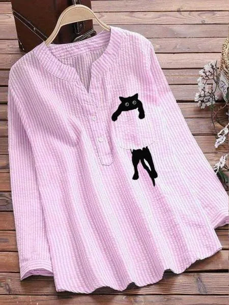 2025 Summer Womens New Arrival Buttons Blouse Tops Solid Color Cute Cat Print Blouses Casual Loose Long Sleeve Shirt Streetwear