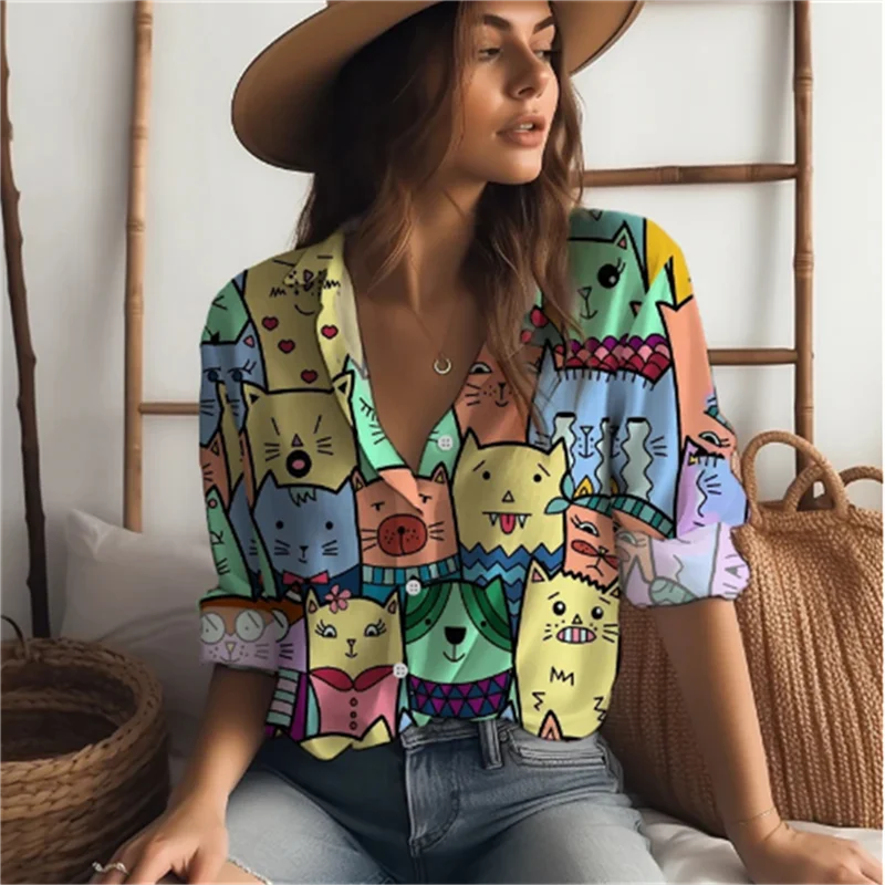 2025 new women's shirts many cats 3D digital printing four-sided stretch fabric fashion trend women's tops shirts