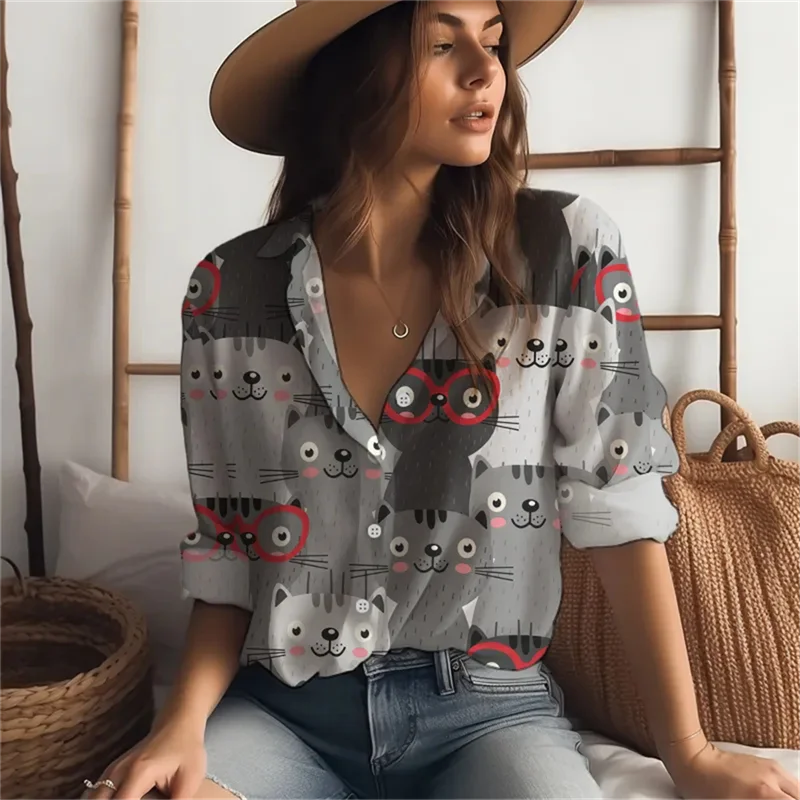 2025 new women's shirts many cats 3D digital printing four-sided stretch fabric fashion trend women's tops shirts