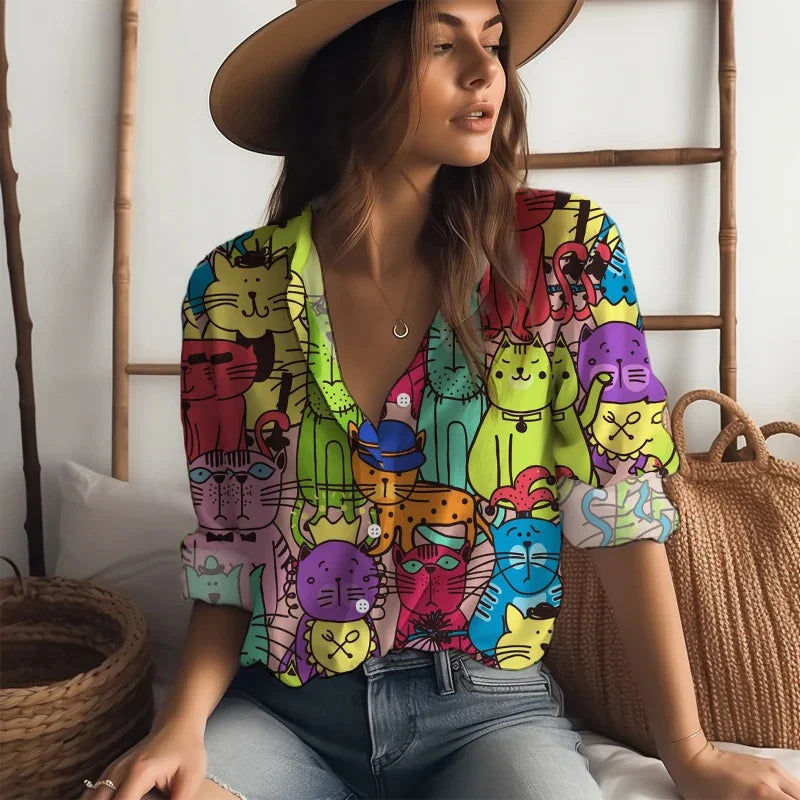2025 new women's shirts many cats 3D digital printing four-sided stretch fabric fashion trend women's tops shirts
