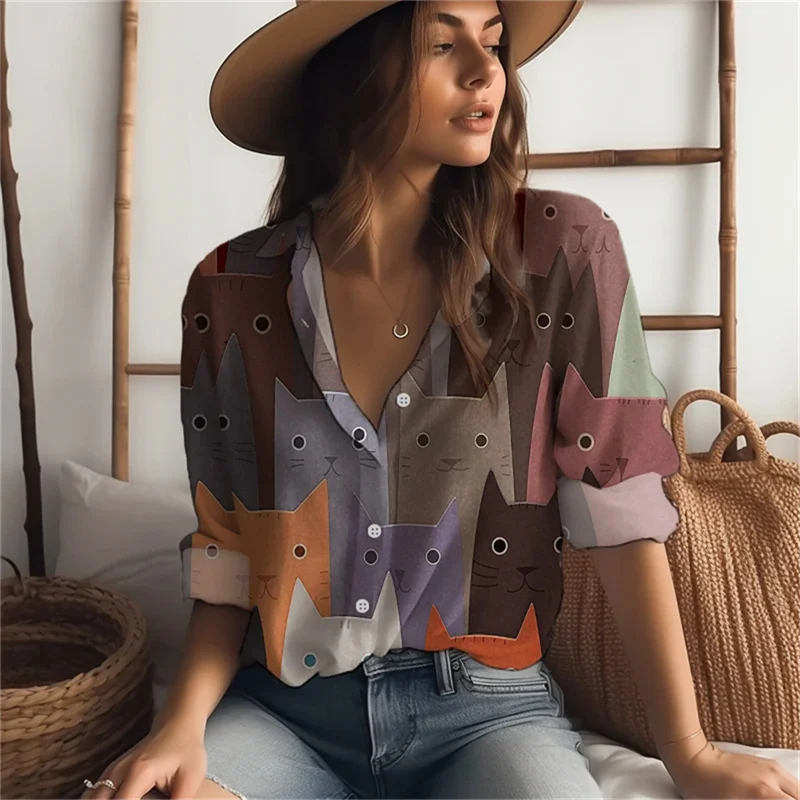 2025 new women's shirts many cats 3D digital printing four-sided stretch fabric fashion trend women's tops shirts
