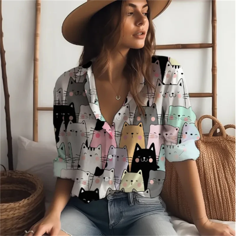 2025 new women's shirts many cats 3D digital printing four-sided stretch fabric fashion trend women's tops shirts