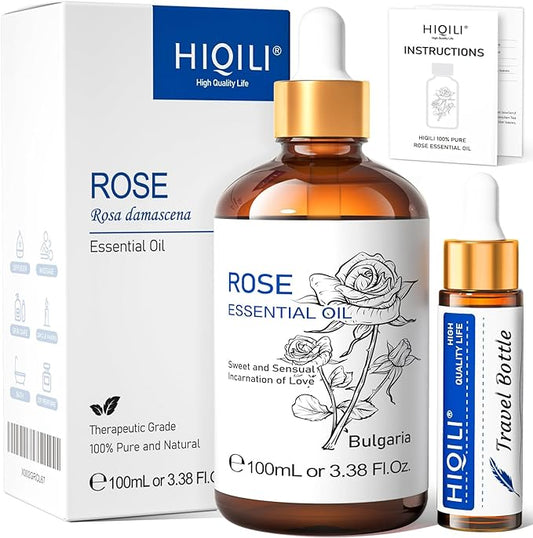HIQILI Rose Oil Essential Oil, Premium Grade Rose Fragrance Oil for Diffuser, Candle Making, Soap Making, Large Bottle with Dropper & Gift Box - 3.38 Oz