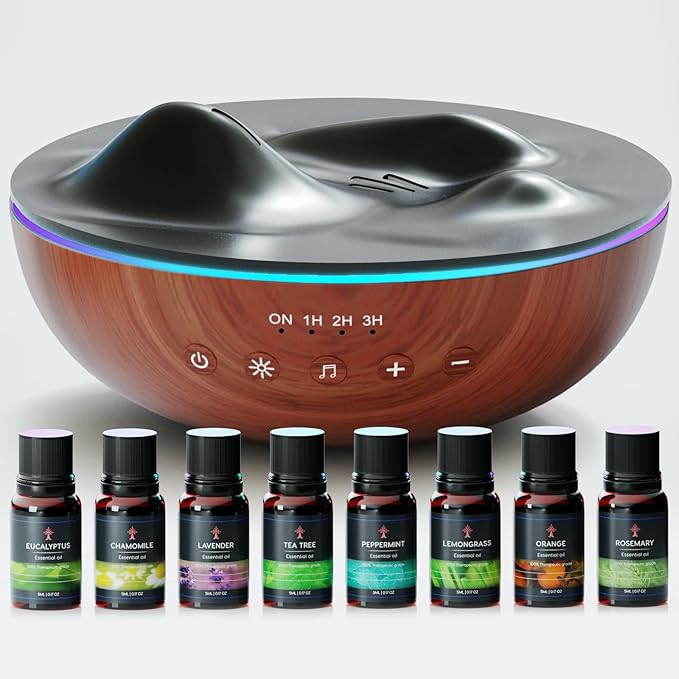 Innovative Aromatherapy Oil Diffuser with Essential Oil Set for Large Room, 500ml Ultrasonic Quiet Cool Mist Aroma Humidifier, 8 Relaxing Sounds, White Noise, Timer, Waterless Auto-Off Safety Switch