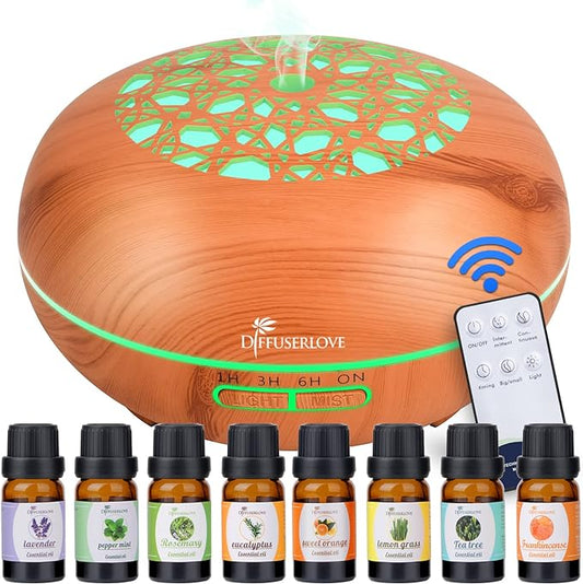Diffuserlove Essential Oil Diffuser 550ML Diffuser Remote Control Wood Grain Aroma Diffuser Cool Mist Humidifier with 4 Timer, 7 Color LED Lights, Auto Shut-Off for Home Bedroom Office
