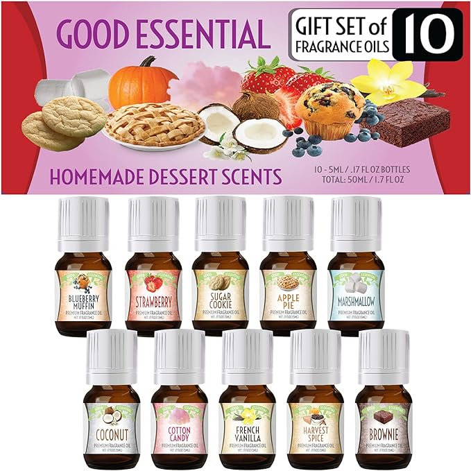 Good Essential Sweet Scents Fragrance Oil Set - 10 Pack Bulk Holiday Gift Oils for Aromatherapy Diffusers, Candle and Soap Making - Vanilla, Coconut, Sugar Cookie, Cotton Candy, Fall Spice and More