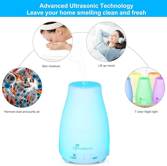 Diffuserlove Essential Oil Diffusers 200ML Remote Control Ultrasonic Mist Humidifiers BPA-Free Aromatherapy Diffuser with 7 Color Lights, Auto Shut-Off for Bedroom Office Kitchen