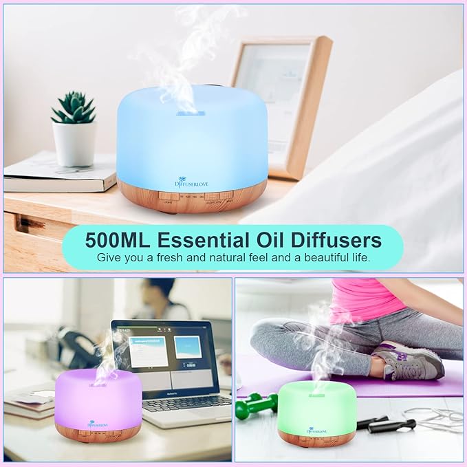Diffuserlove Diffuser Essential Oil Diffusers 500ML Remote Control Aroma Diffuser Cool Mist Aromatherapy Diffuser with Mute Design, Timer and Auto Shut-Off for Office Living Room Yellow