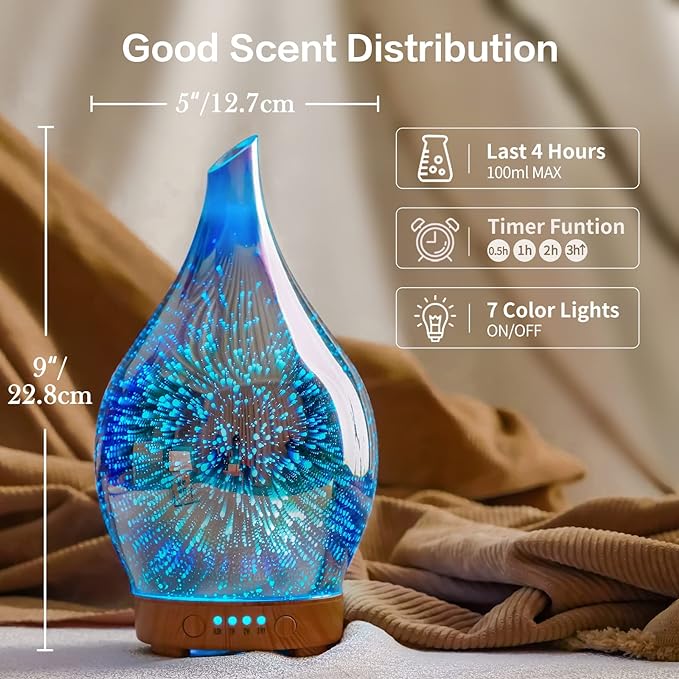 Porseme Oil Diffuser 3D Glass Aromatherapy Ultrasonic Humidifier, Air Refresh Auto Shut-Off, Timer Setting, BPA Free for Home Hotel Yoga Leisure SPA Gift 100ml Last 4H