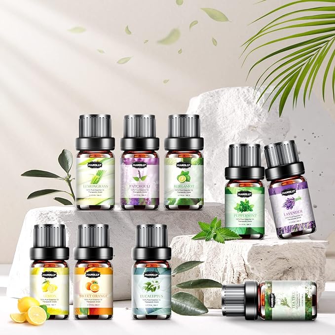 Essential Oils Set, Aromatherapy Essential Oil Kit for Diffuser, Humidifier, Massage, Skin Care (12 x 5ml) - Tea Tree, Lavender, Sweet Orange, Eucalyptus, Lemongrass, Peppermint
