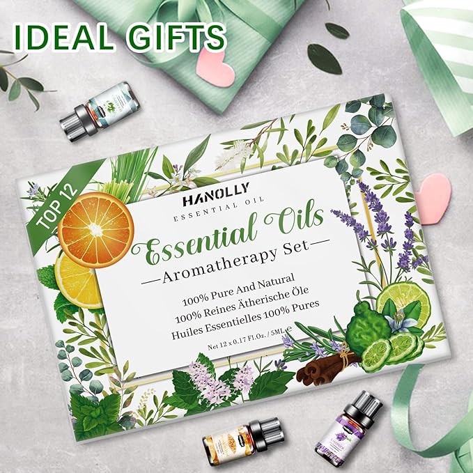 Essential Oils Set, Aromatherapy Essential Oil Kit for Diffuser, Humidifier, Massage, Skin Care (12 x 5ml) - Tea Tree, Lavender, Sweet Orange, Eucalyptus, Lemongrass, Peppermint