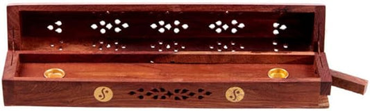Wooden Incense Box, Agarbati Holder Wooden Hand Carved Incense Burner, Incense Holder Coffin Box, Brass Inlays & Storage Incense Holder Stand, Incense Stick Stand Handmade (12x2.5x3 inch) yin-yang