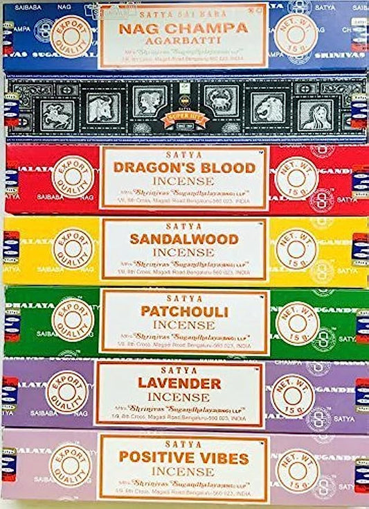Satya Incense Gift Set Nag Champa, Super hit, Dragon's Blood, Sandalwood, Patchouli, Lavender, Positive Vibes, 15 g