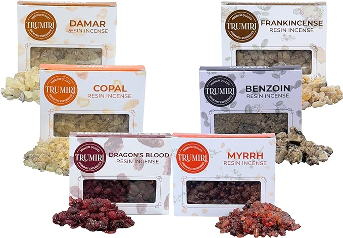 Resin Incense - Natural Tree Gum Sap - 6x30g Variety Pack Including Frankincense and Myrrh Copal Benzoin Dragon's Blood Damar