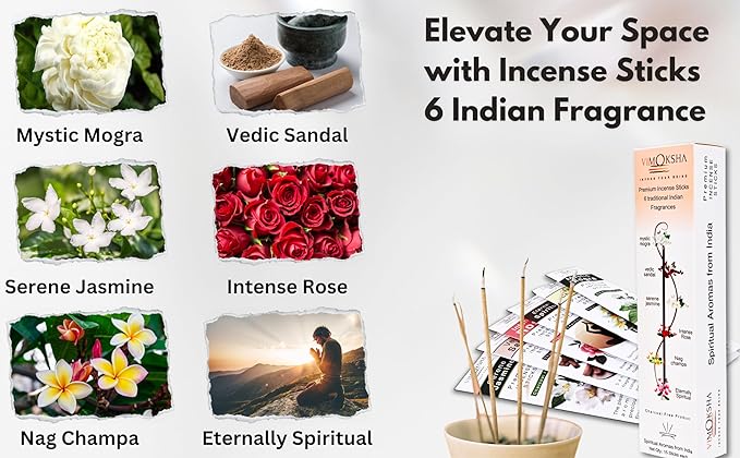 Vimoksha Incense-Sticks-Combo-Pack of-6-100%-Natural-Handmade-Organic-Chemicals-Free for-Purification-Relaxation-Positivity-Yoga-Meditation The-Best-Woods-Scent (90 Sticks (108GM))