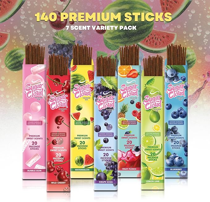 Mecka Sugar Cloud Incense Sticks Gift Set | 140 Insence-Sticks for Meditation and Good Vibes | 7 Delicious Sweet Scents for Aromatherapy & Relaxation | Premium Slow Burn Long Lasting Natural Insenses