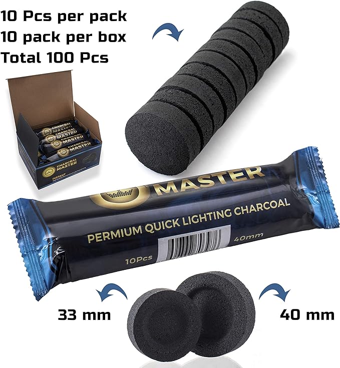 New Quick Light Charcoal by Charcoal Master – Instant Coal Disks – Incense Coal Tablets – Charcoal Disks – Set of 100Charcoal Disks per Box– Quick Light Charcoal Briquettes (40mm Capsule)