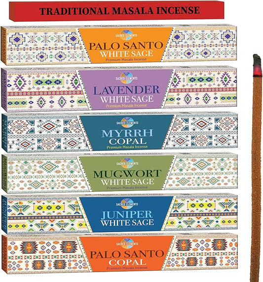 Premium Artisan Natural Incense Sticks - Variety Pack of 6 Thicker Cleansing Masala Incense | White Sage Incense, Lavender Incense, Myrrh Incense, Copal Incense Mexico & Palo Santo Incense Sticks