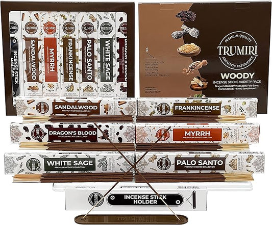 Woody Incense Sticks Variety Pack - 120 Insence-Sticks (6 Incents x 20 Insense) - White Sage Palo Santo Dragons Blood Sandalwood - Natural Inscents-Sticks Non Toxic Incienso + Incense Holder