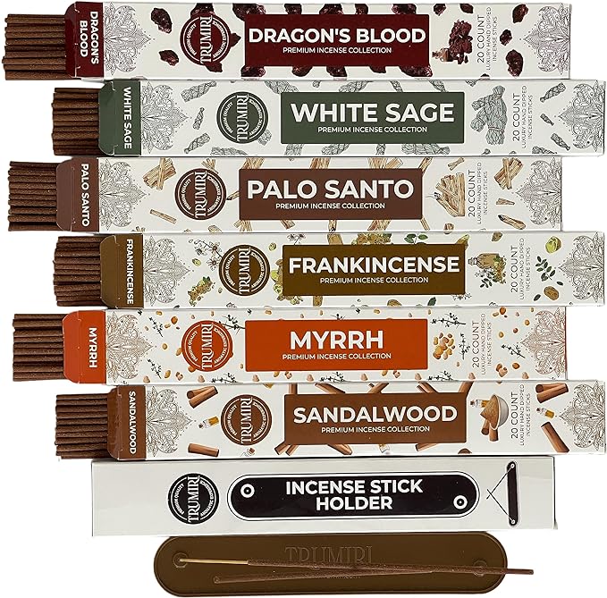 Woody Incense Sticks Variety Pack - 120 Insence-Sticks (6 Incents x 20 Insense) - White Sage Palo Santo Dragons Blood Sandalwood - Natural Inscents-Sticks Non Toxic Incienso + Incense Holder
