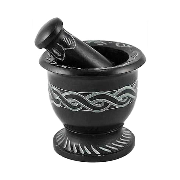 Mortar & Pestle Black Soapstone Mortar & Pestle Carved Celtic Knot SOB41 (SOB-41) 14 $ The Witches Sage LLC Stew's Incense