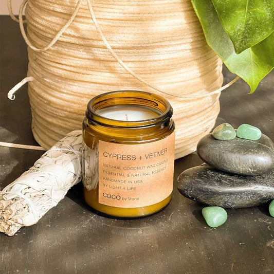 COCO Self Care - Candles 7.2oz Cypress + Vetiver Natural Coconut Apricot Wax Candle CN7CYP 27 $ Candles Stone Candles Stew's Incense