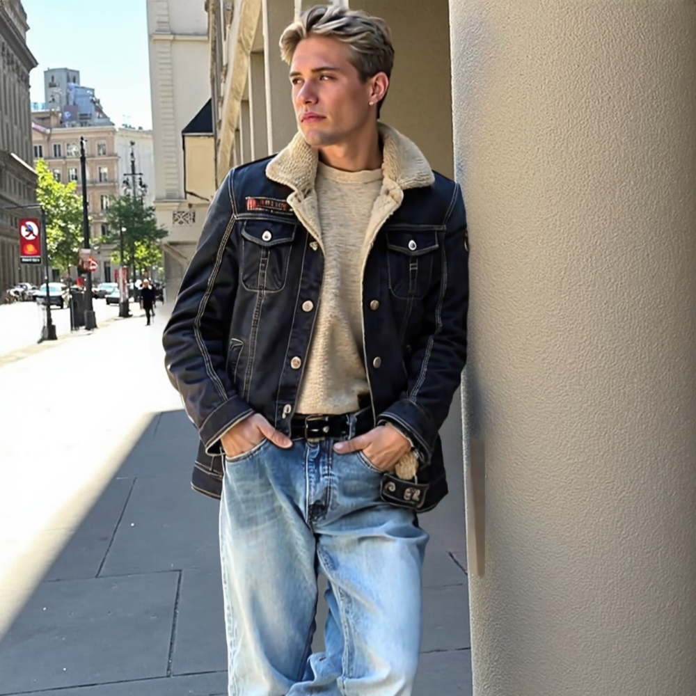 Men Jackets Mens Denim Jean Jacket in Black with Inner Faux Fur OPMJ12162BFY-BLK-S 136 $ Coats Onetify Stew's Incense
