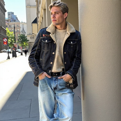 Men Jackets Mens Denim Jean Jacket in Black with Inner Faux Fur OPMJ12162BFY-BLK-S 136 $ Coats Onetify Stew's Incense