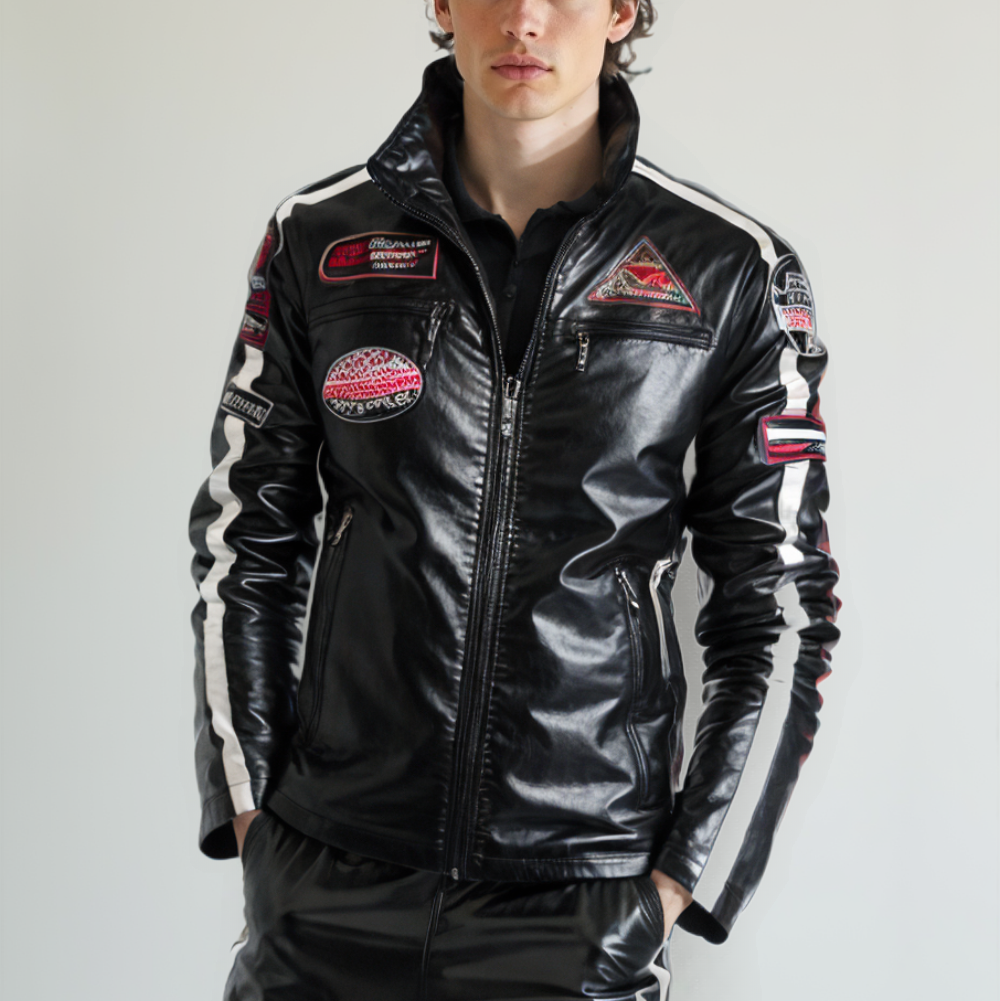 Mens Biker Jacket Mens Biker Vegan Leather Jacket With Badges OPMJ2101276F-BLK-XS 96 $ Coats Onetify Stew's Incense