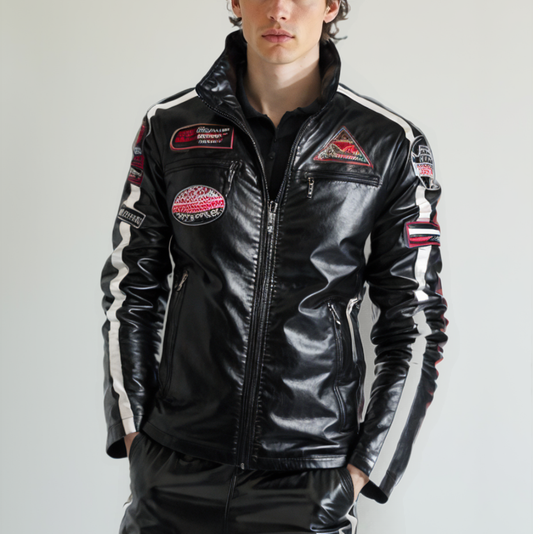 Mens Biker Jacket Mens Biker Vegan Leather Jacket With Badges OPMJ2101276F-BLK-XS 96 $ Coats Onetify Stew's Incense