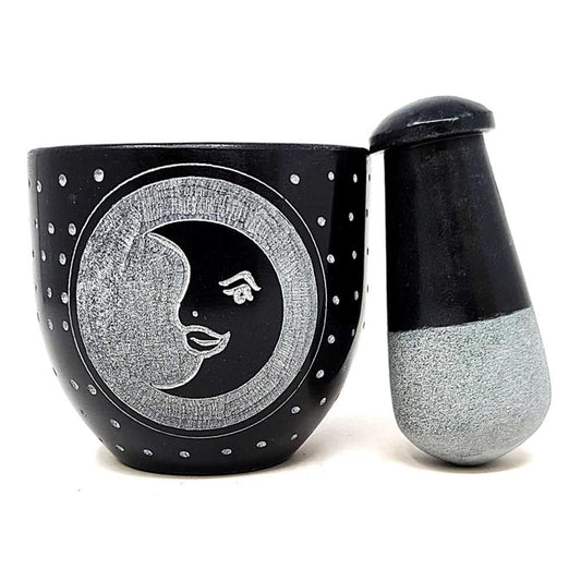 Mortar & Pestle Moon Carved Black Soapstone Mortar & Pestle 3"W x 3"H SOB58 14 $ The Witches Sage LLC Stew's Incense