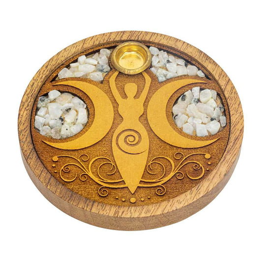 Incense Burner Laser Etched Wood Round Incense Holder - Moon Goddess w/ Rainbow Moonstone Inlay 90125 9 $ Shop All The Witches Sage LLC Stew's Incense