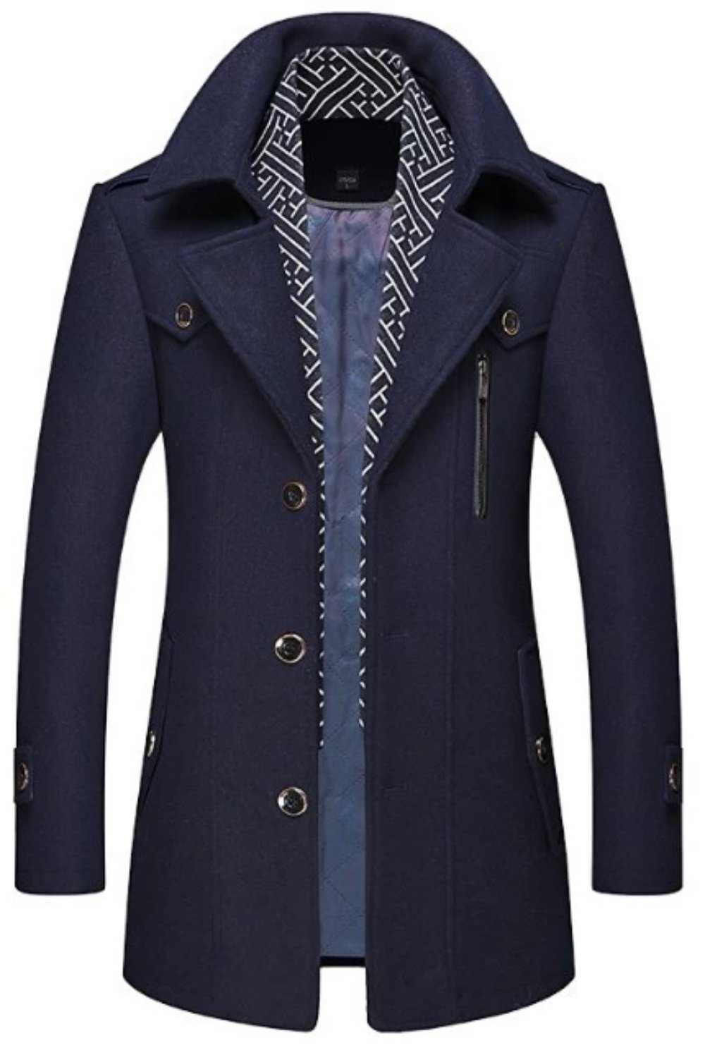 Men Coats Mens Layered Collar Button Front Mid Length Coat OPMC1020C3-NVY-S 146 $ Coats Onetify Stew's Incense