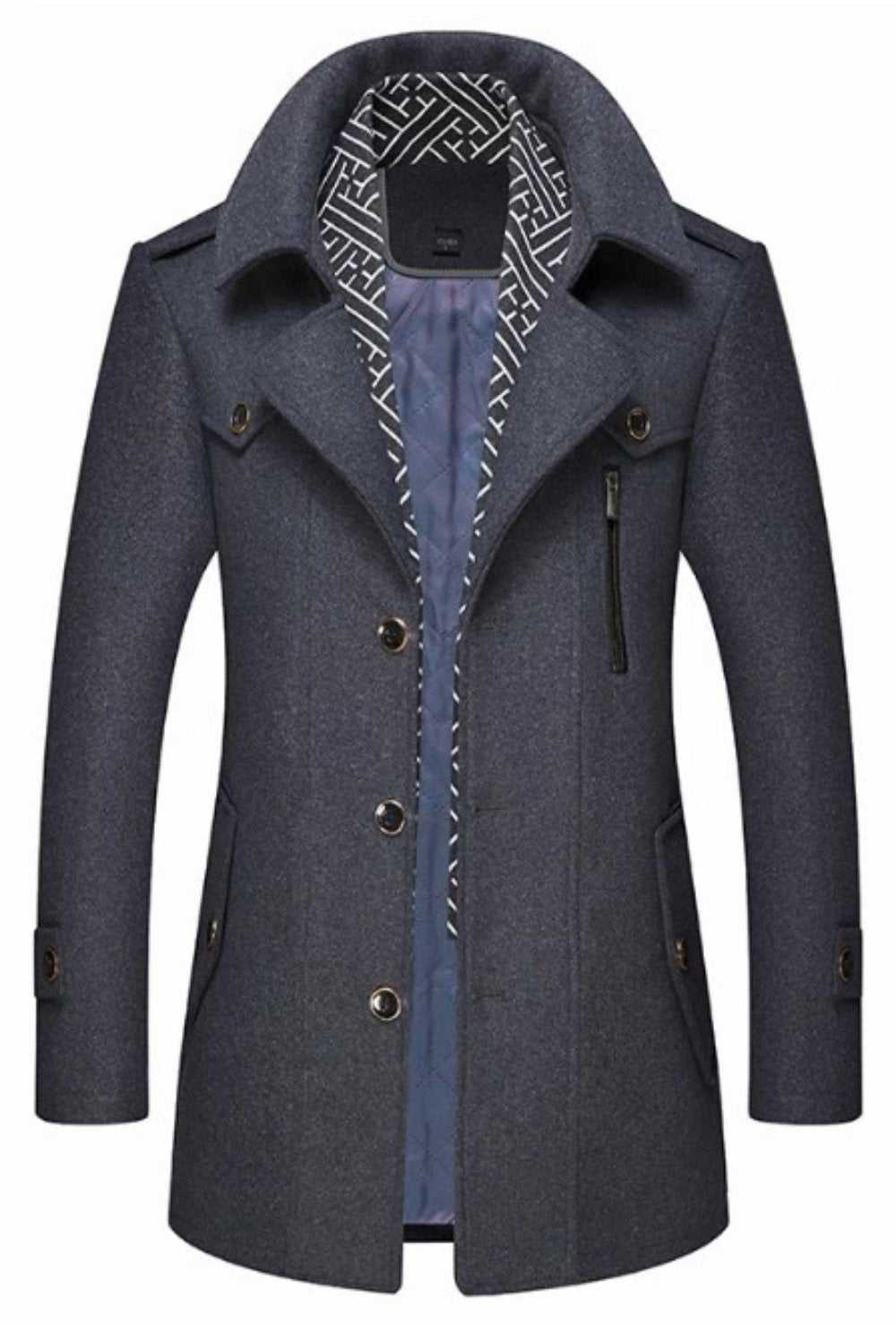 Men Coats Mens Layered Collar Button Front Mid Length Coat OPMC1020C3-NVY-S 146 $ Coats Onetify Stew's Incense