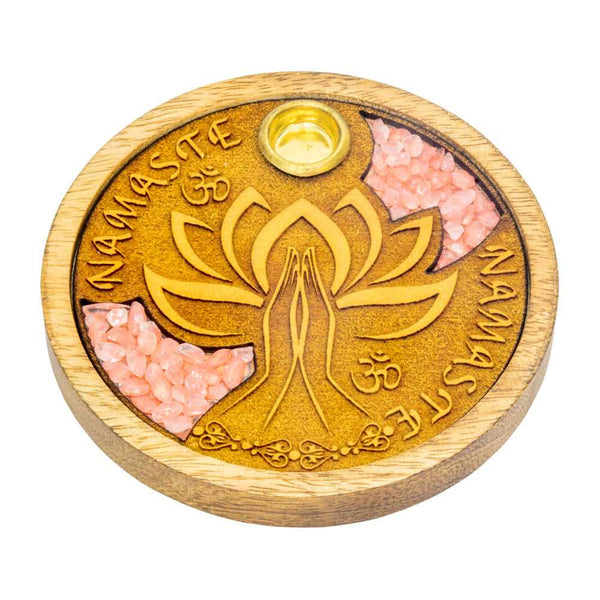 Incense Burner Laser Etched Wood Round Incense Holder - Namaste w/ Rose Quartz Inlay 90121 9 $ Shop All The Witches Sage LLC Stew's Incense