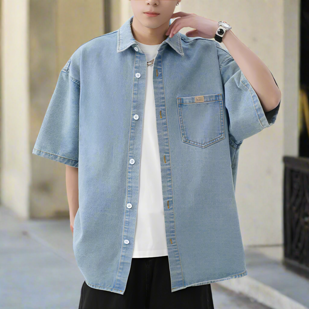 Men Shirts Men 's Over Size Washed Denim Short Sleeve Shirt ONFYMS250806D3E5-BLU-M 46 $ Coats Onetify Stew's Incense
