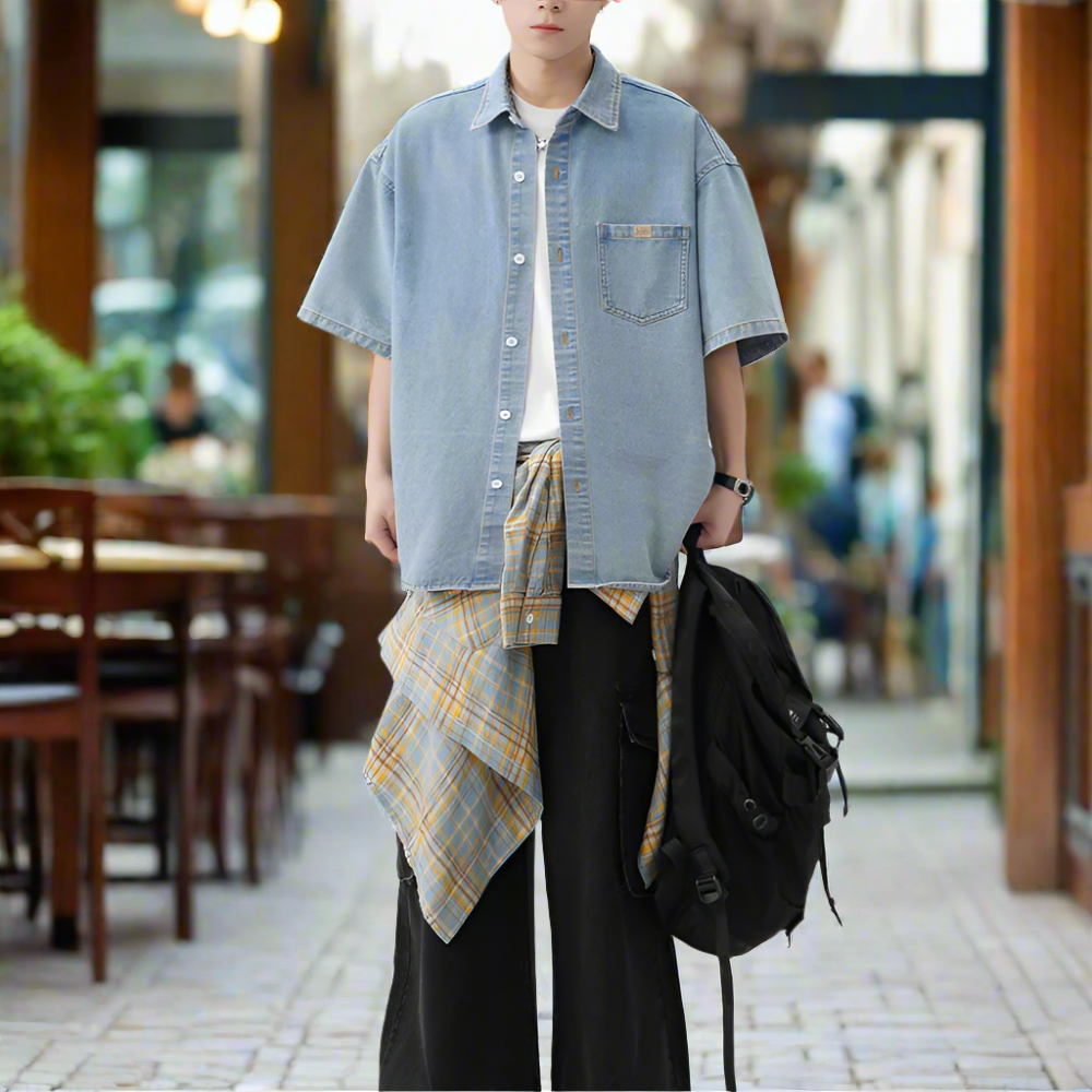 Men Shirts Men 's Over Size Washed Denim Short Sleeve Shirt ONFYMS250806D3E5-BLU-M 46 $ Coats Onetify Stew's Incense