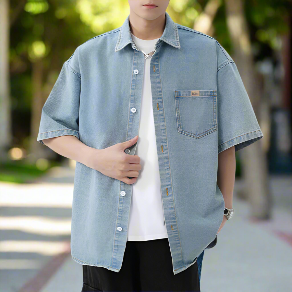 Men Shirts Men 's Over Size Washed Denim Short Sleeve Shirt ONFYMS250806D3E5-BLU-M 46 $ Coats Onetify Stew's Incense